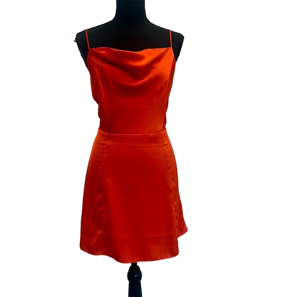 Femme dark orange satin effect draped Cowl neck spaghetti strap mini dress Sz M